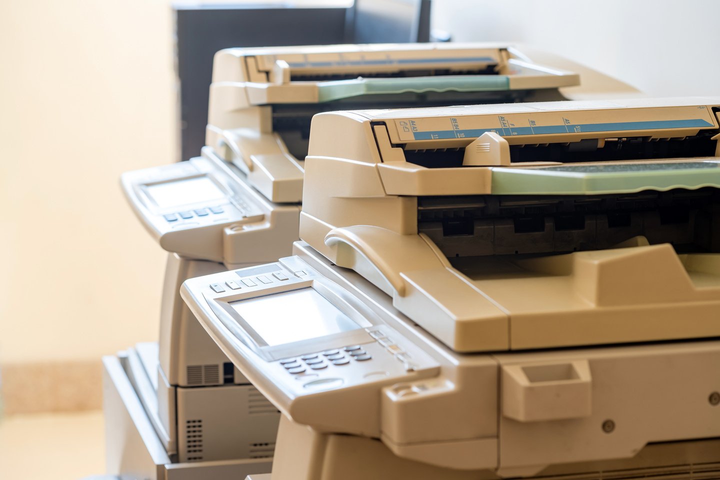 Copy Shop Copiers, Photocopying Point Interior, Two Photocopiers Copy Machines Objects Closeup, Detail, Nobody. Photocopy Archiving, Scanning Copying Documents Technology Abstract Concept, No People